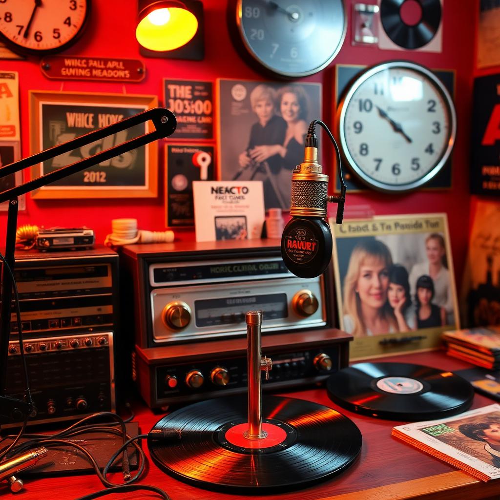 Estúdio da Rádio Floripa com microfone vintage e discos de vinil