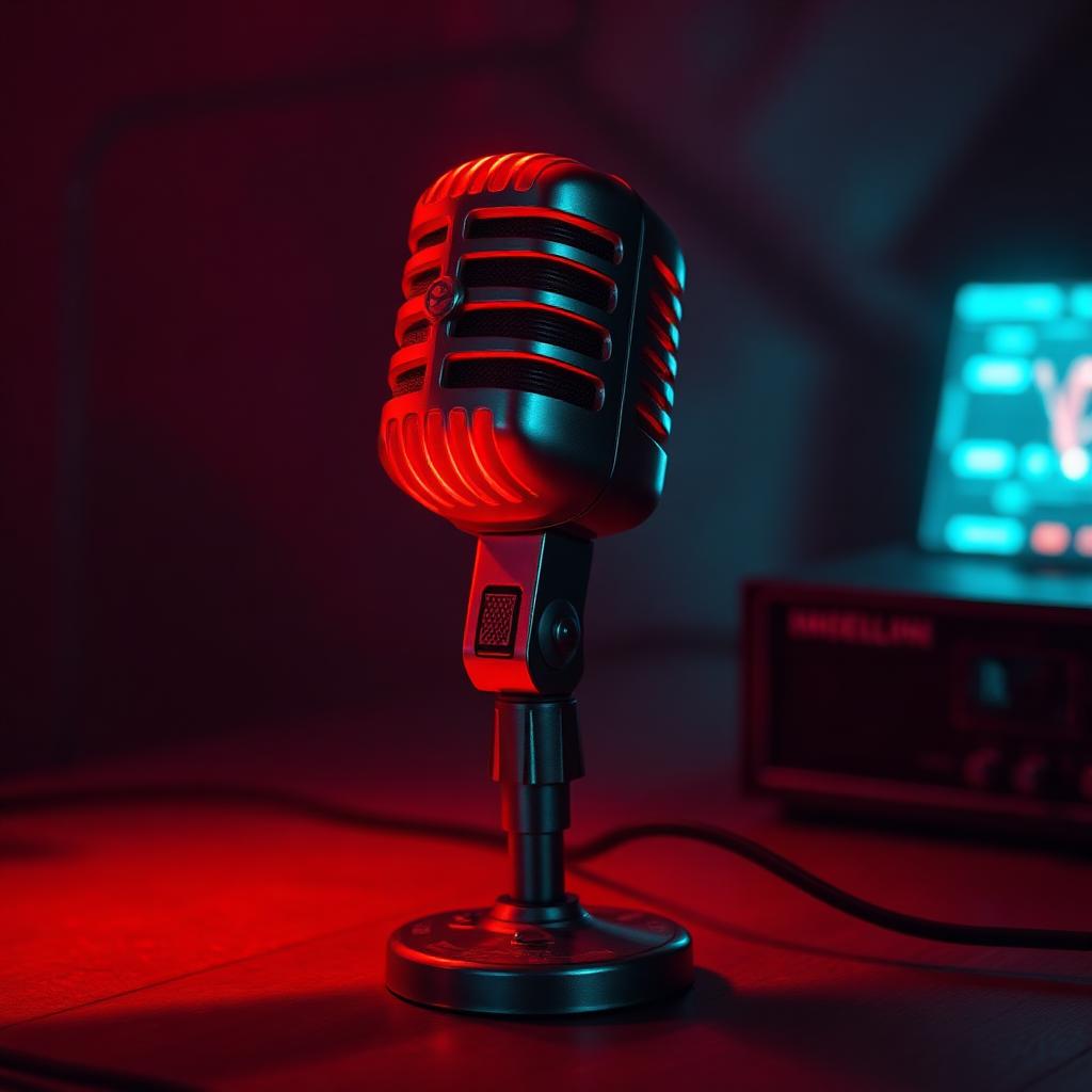 Microfone de rádio vintage com iluminação vermelha
